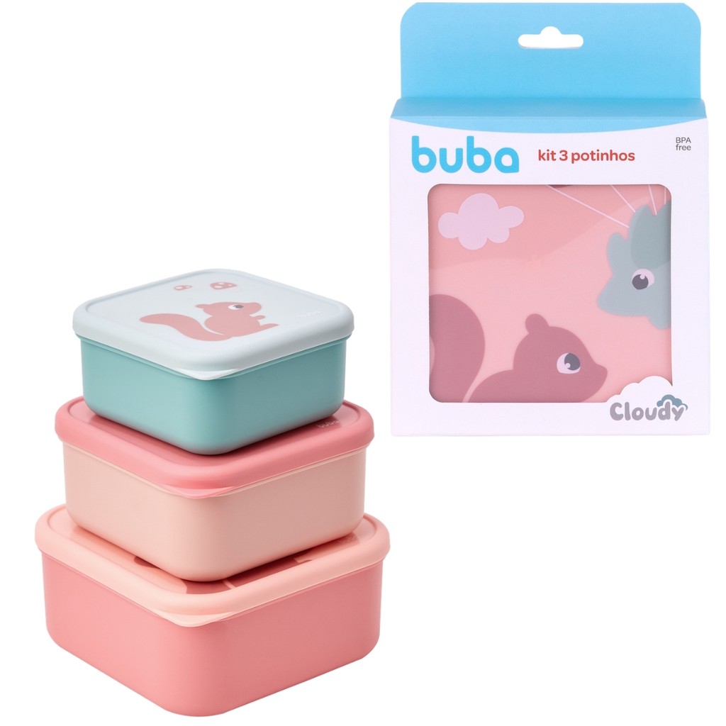 Kit 3 Potinhos Esquilo para armazenar comida e lanche Infantil 21762 - Buba