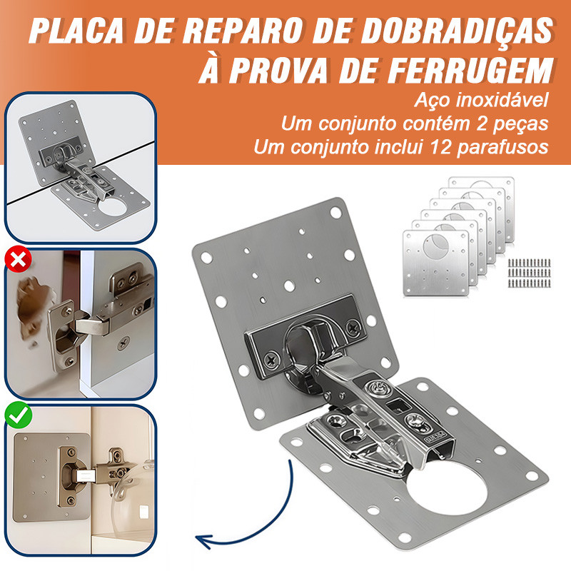 Kit Placas de Reparo para Porta Armário Aço Inox Reforço de Dobradiça com Parafusos Instalação Fácil
