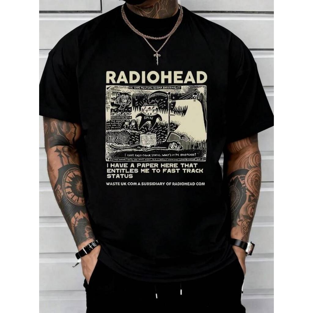 Camiseta Masculina de Manga Curta com Estampa de Arte em Quadrinhos do Radiohead e Texto - Algodão Puro - Estilo Drop