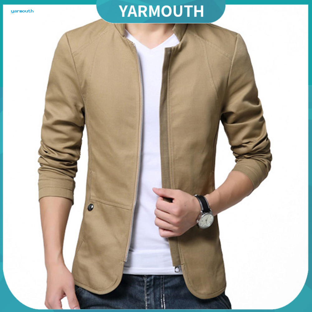 Casual Masculino Outono Cor Sólida Gola Com Zíper Bolsos Fino Blazer Casaco