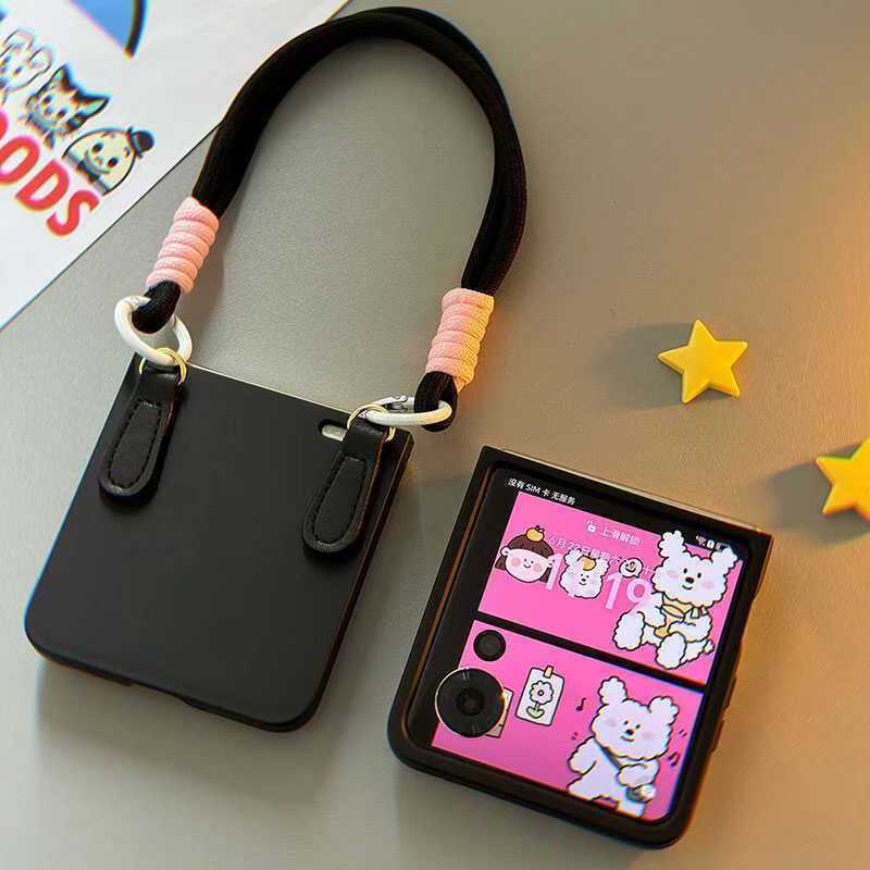 Coreano Bonito Cor Sólida Preto Portátil Corda Caso De Telefone Para Samsung Galaxy Z Flip 7 6 5 Motorola Razr 60 50 Ult