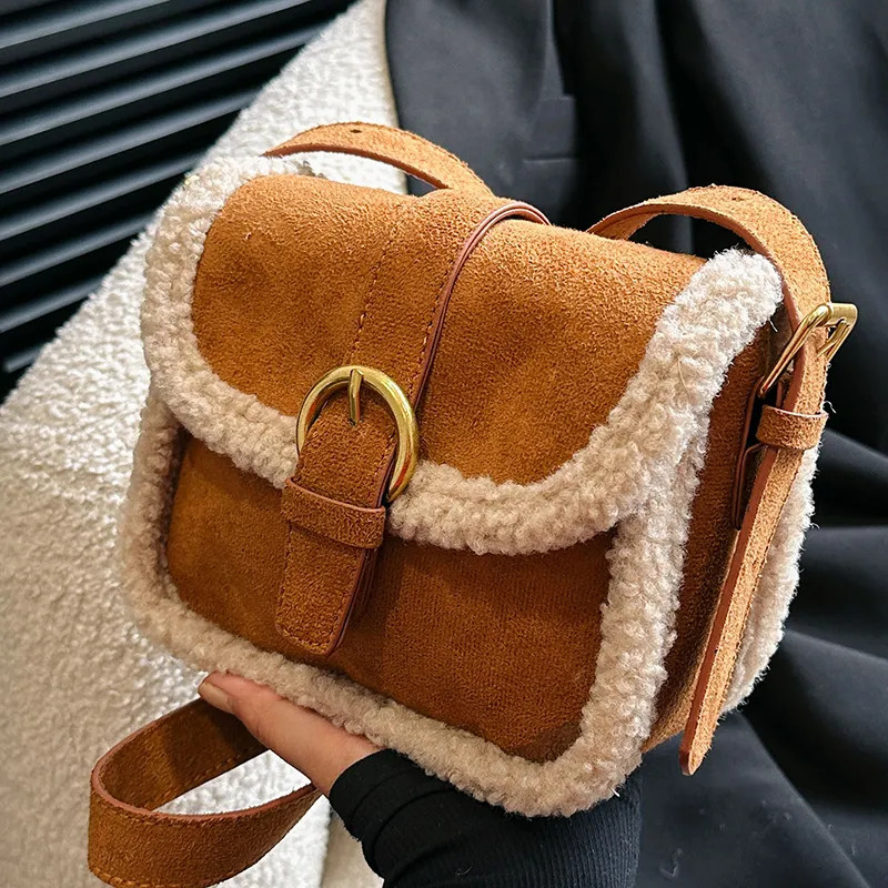 [XKB] Bolsa feminina de lã de cordeiro, novo estilo, bolsa feminina combinada, bolsa peluda, bolsa mensageiro de ombro