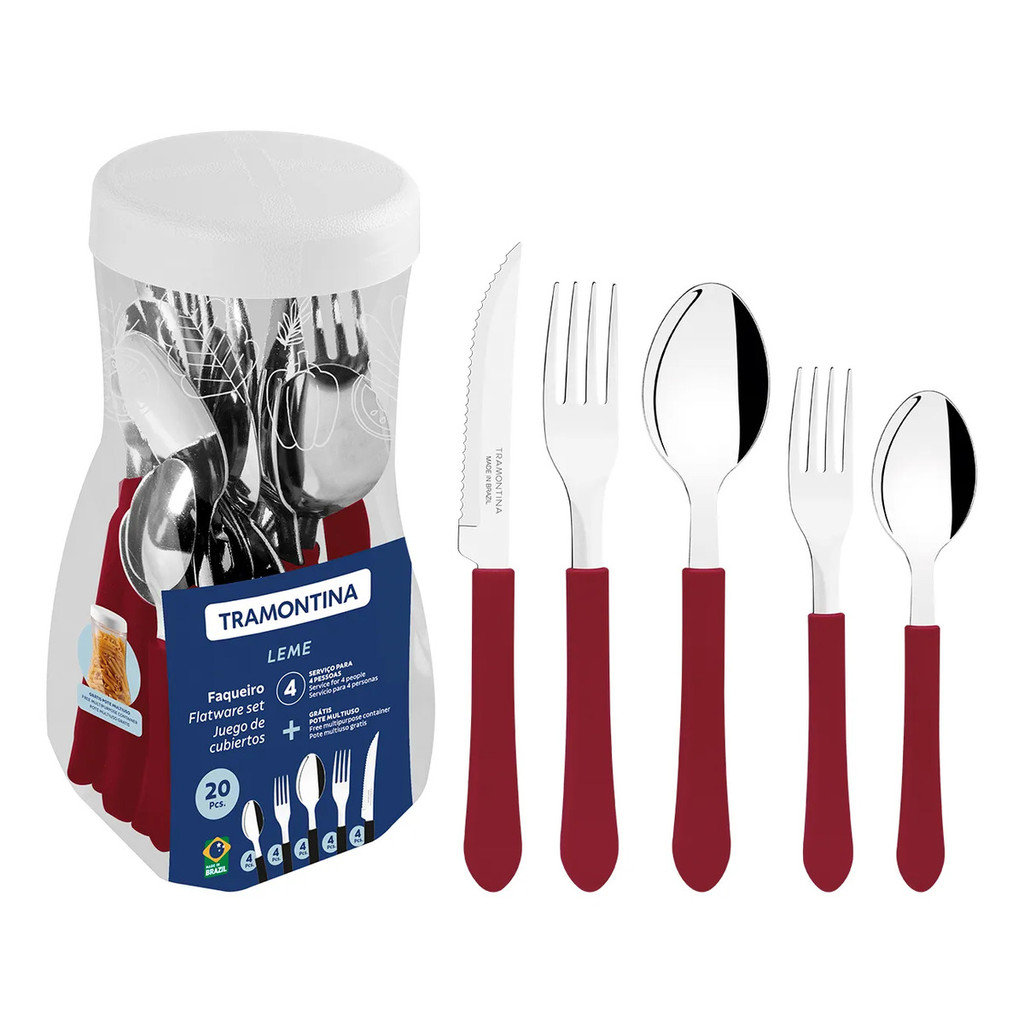 Jogo De Talheres Tramontina Leme 20 Peças Leme Aço Inox Polipropileno Carmim