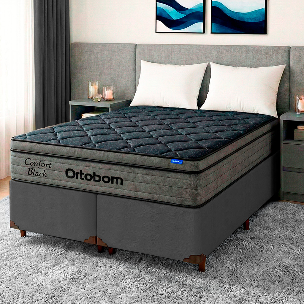 cama Box cinza + colchão Queen Black espuma