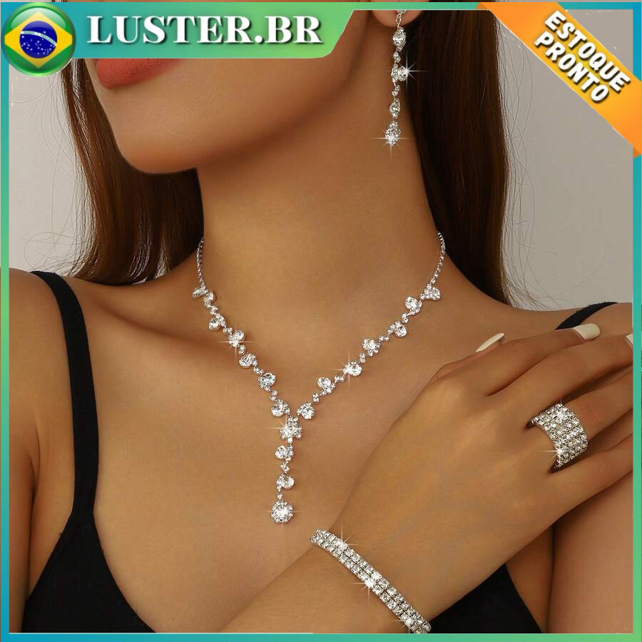 Conjunto 4 Peças de Bijuteria Brilhante , Brincos, Colar, Pulseira e Anel com Cristais & Strass ,Presente Feminino em Oferta na Shopee