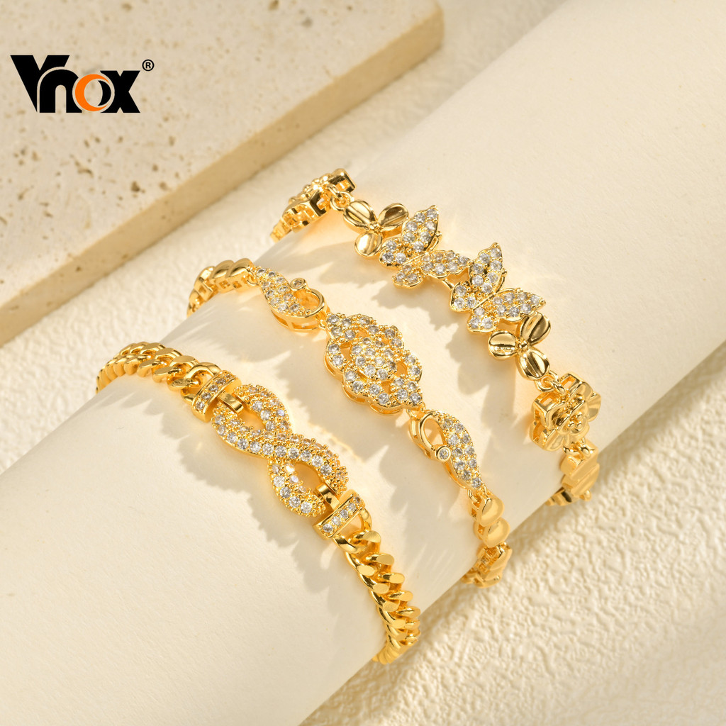 Pulseira De Luxo De Zircônia Banhada A Ouro 24K Vnox Para Mulheres , Joias Requintadas Com Corrente Cubana
