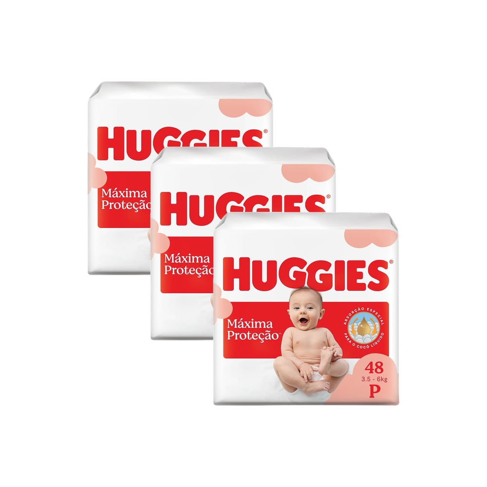 Kit 3 Fralda Huggies Máxima Proteção Tamanho P Mega 48 Unidades Descartáveis em Oferta na Shopee