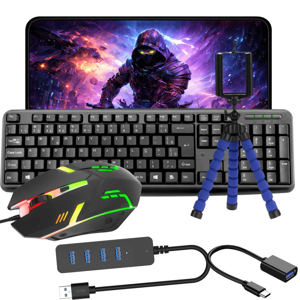Kit Mobilador Para Celular Jogos Completo mousepad grande 75x35 speed teclado office mouse gamer led hub cabo otg