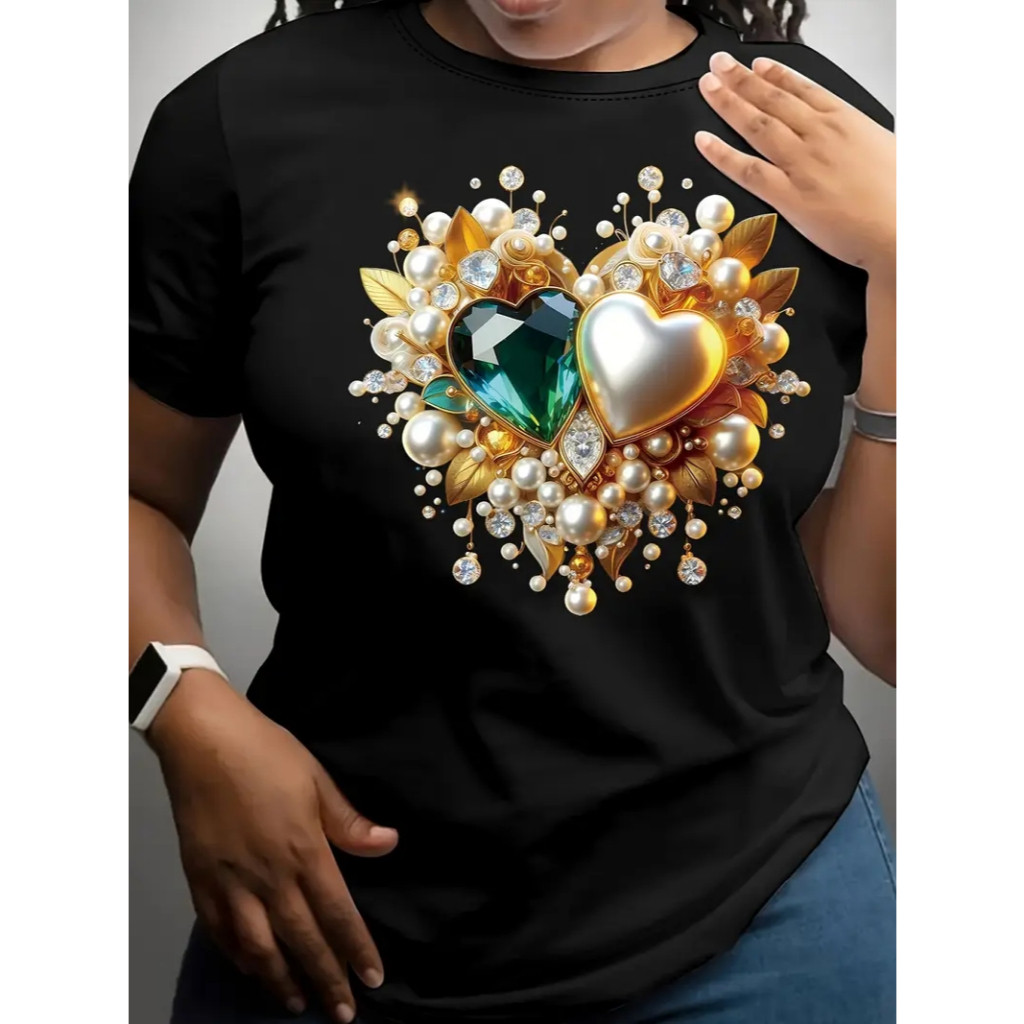 [Camiseta Premium em Algodão Puro]SISI CAMISETA FEMININA CASUAL T-SHIRT ALGODÃO PREMIUM ELEGANTE E CHIC CORAÇÃO PEDRARIA