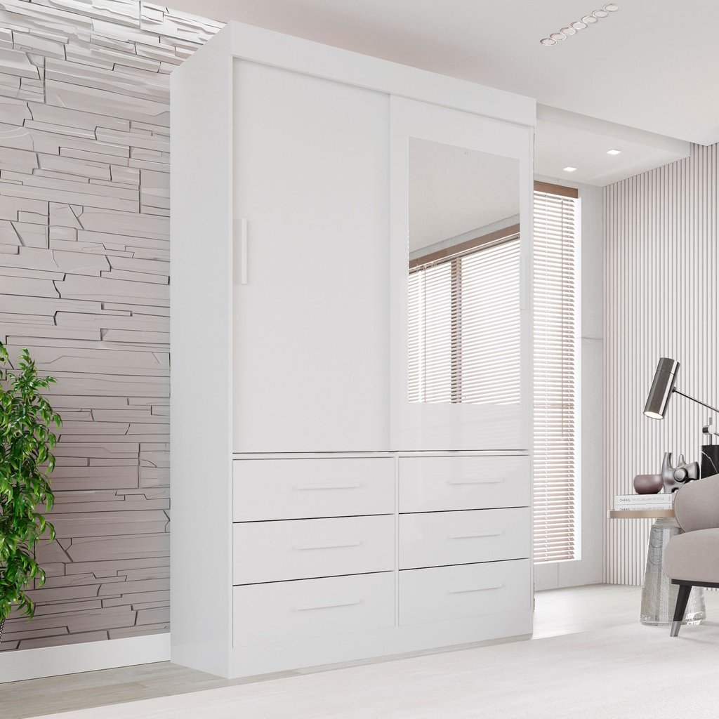 Guarda Roupa Solteiro 2 Portas com Espelho 6 Gavetas Luana  Branco em Oferta na Shopee