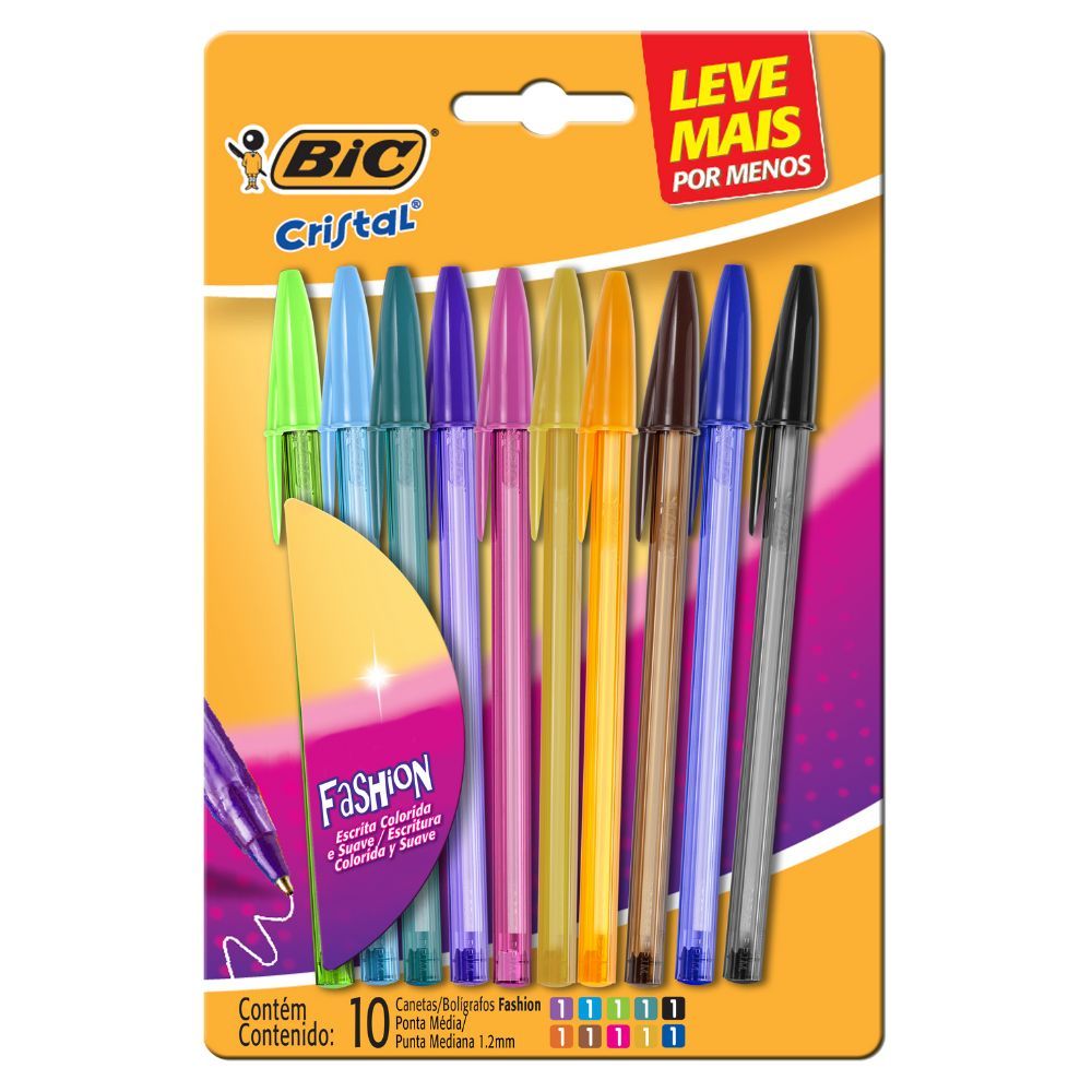 Caneta Esferográfica BIC Ponta Média Cristal Fashion, 10 Cores - 930813 em Oferta na Shopee