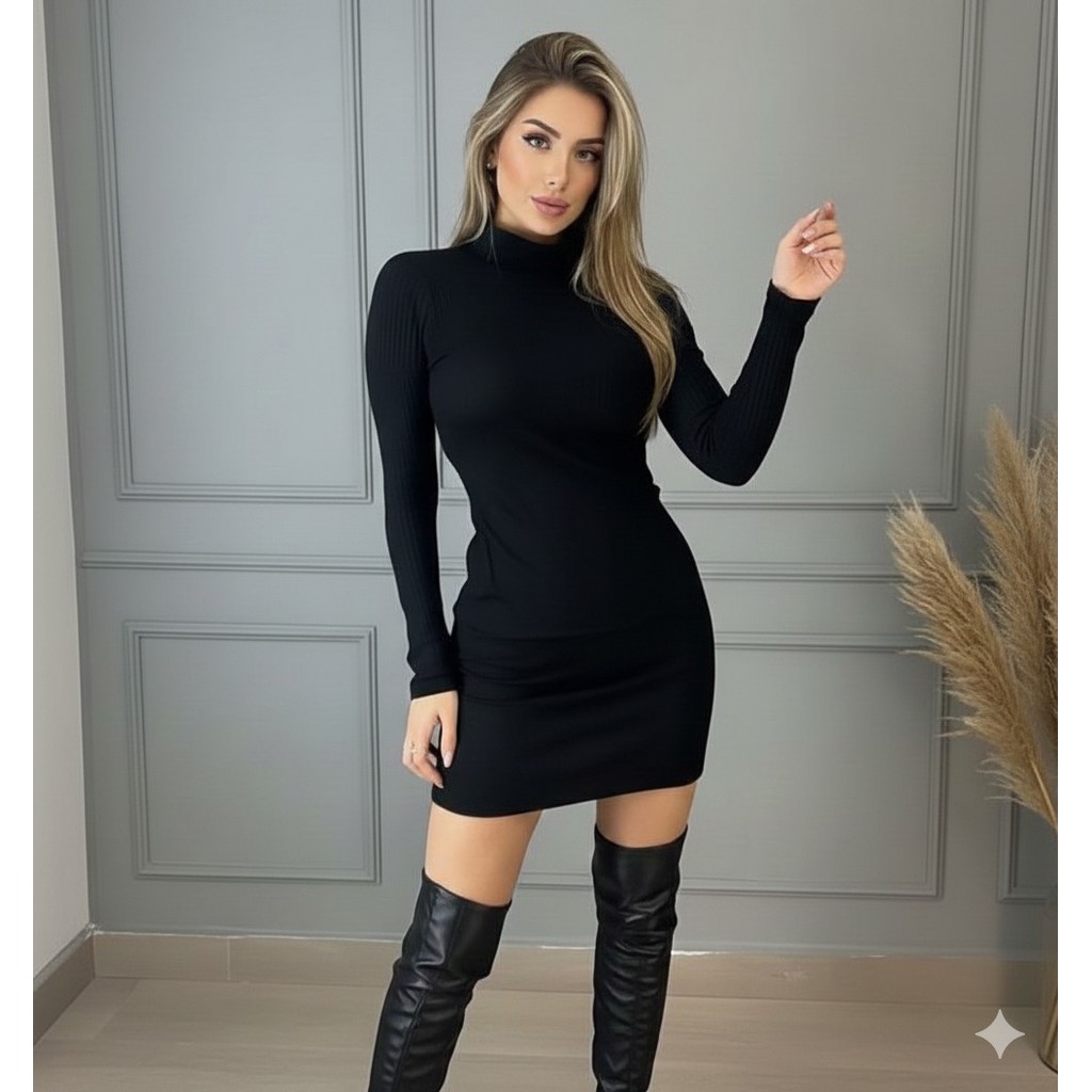 vestido feminino curto canelado elastano gola alta manga longa top gringa