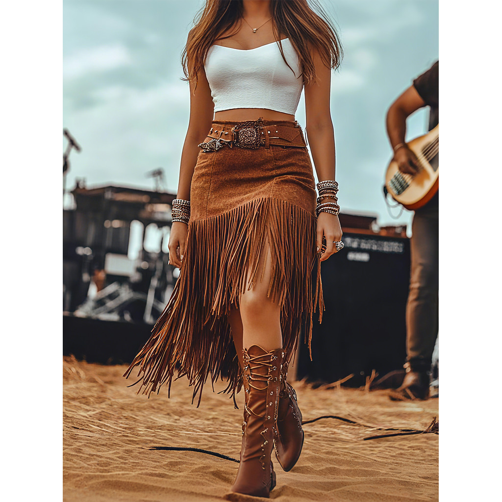 Franja Feminina Cintura Alta Boho Ocidental Saia Assimétrica Mini Bodycon Guarnição Para Cowgirl Música Festival Outfit