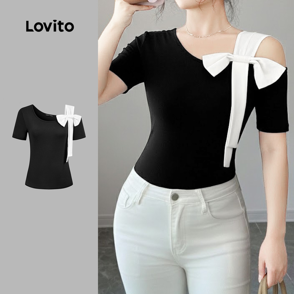Lovito  Camiseta Casual Colorblock Assimétrica Primavera/verão Preta para Mulheres L171ED350