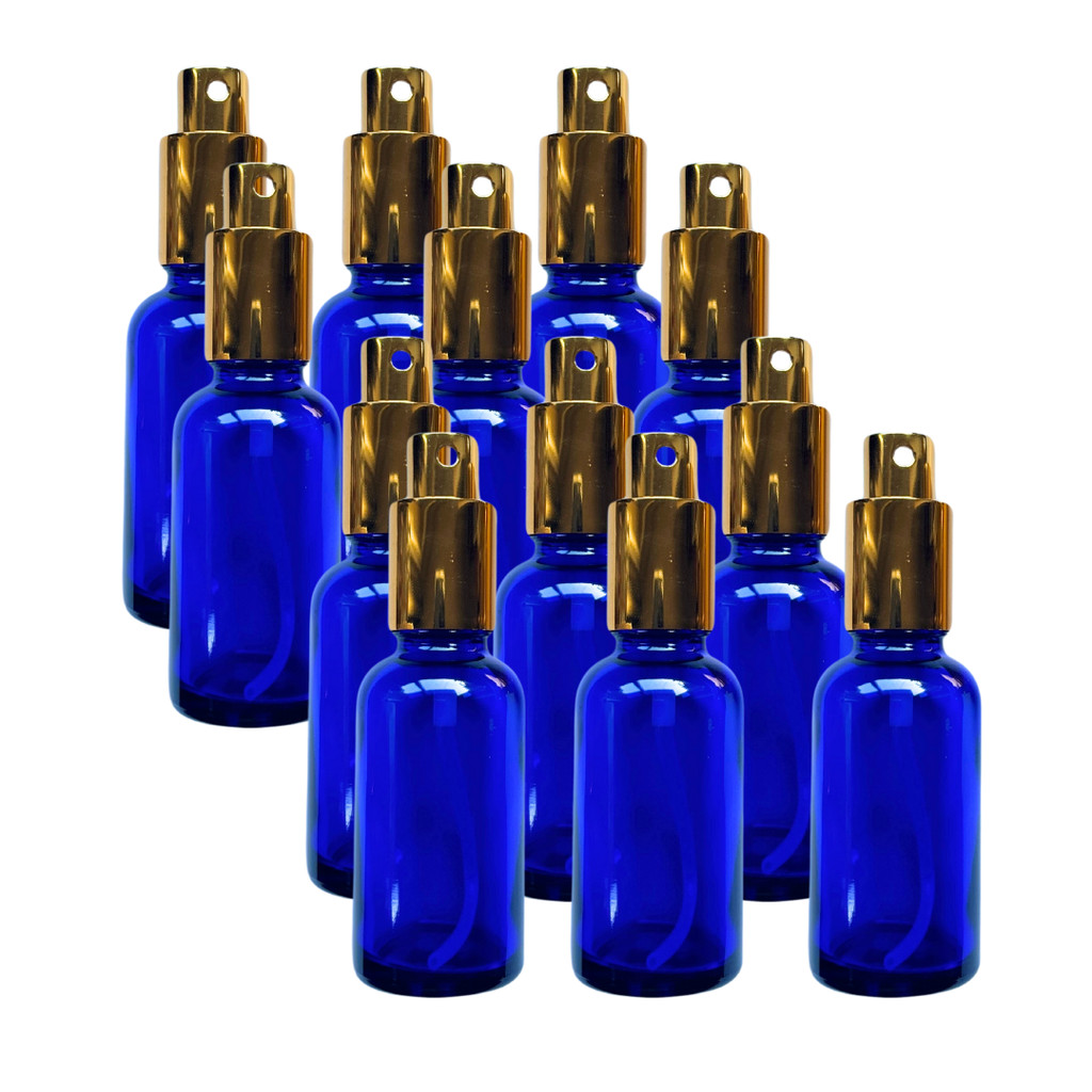 Kit 12 Frascos De Vidro Spray 30ml Azul Com Válvula Dourada