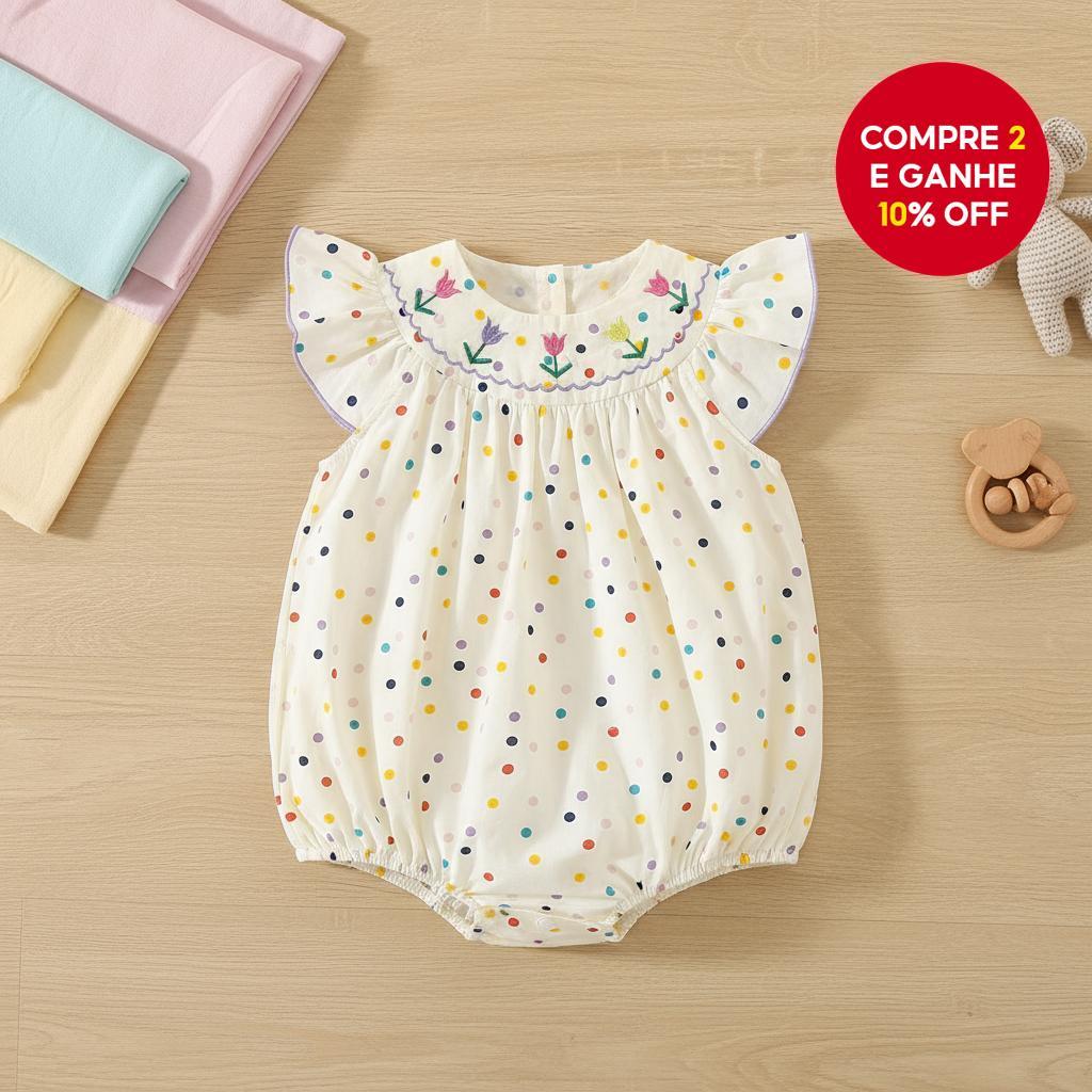  Macacão de bebê adorável com bolinhas coloridas e bordado de flores