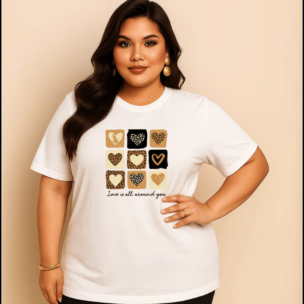 Camiseta Plus Size Feminina Estampada Do P Ao G5 9 Coração Onca Academia Treino 100% Algodão Premium Verão 01