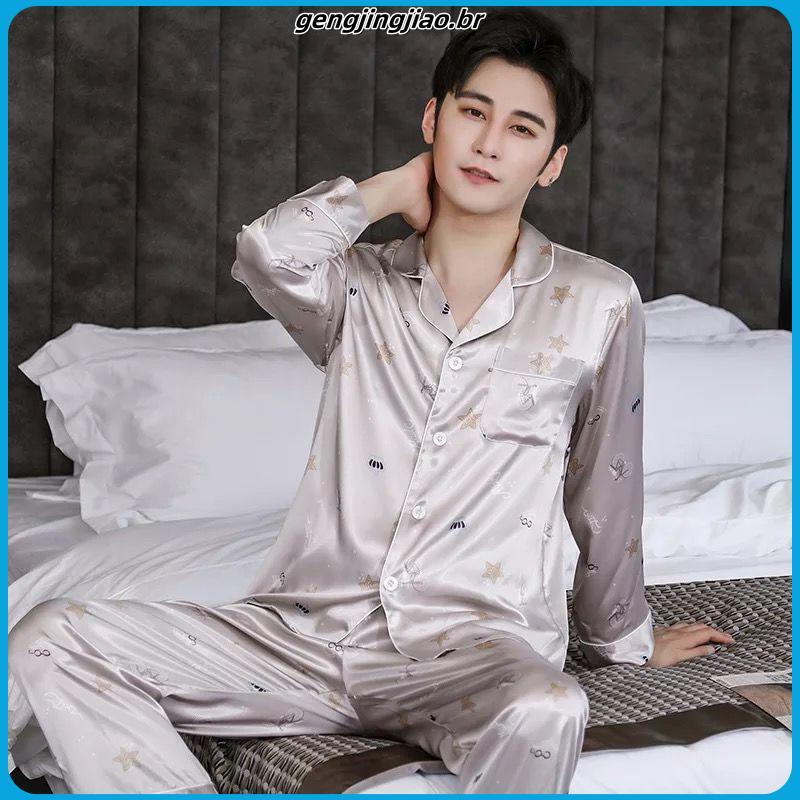 Alta Qualidade Plus Size Homem Mulher Casal Pijama De Seda De Cetim Conjunto Masculino Feminino Manga Comprida Pijamas