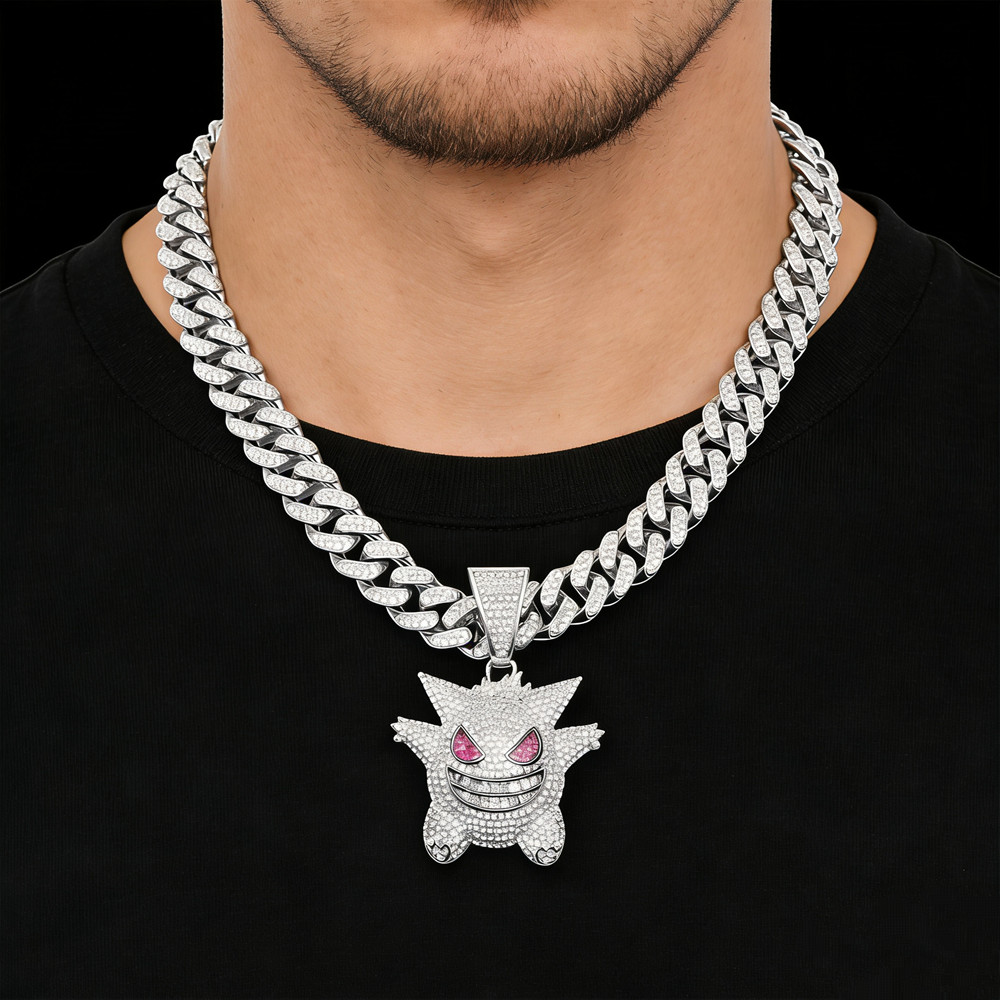 Pingente de diabo, pingente de monstrinho com colar cubano incrustado com diamantes brilhantes aço titânio hip-hop