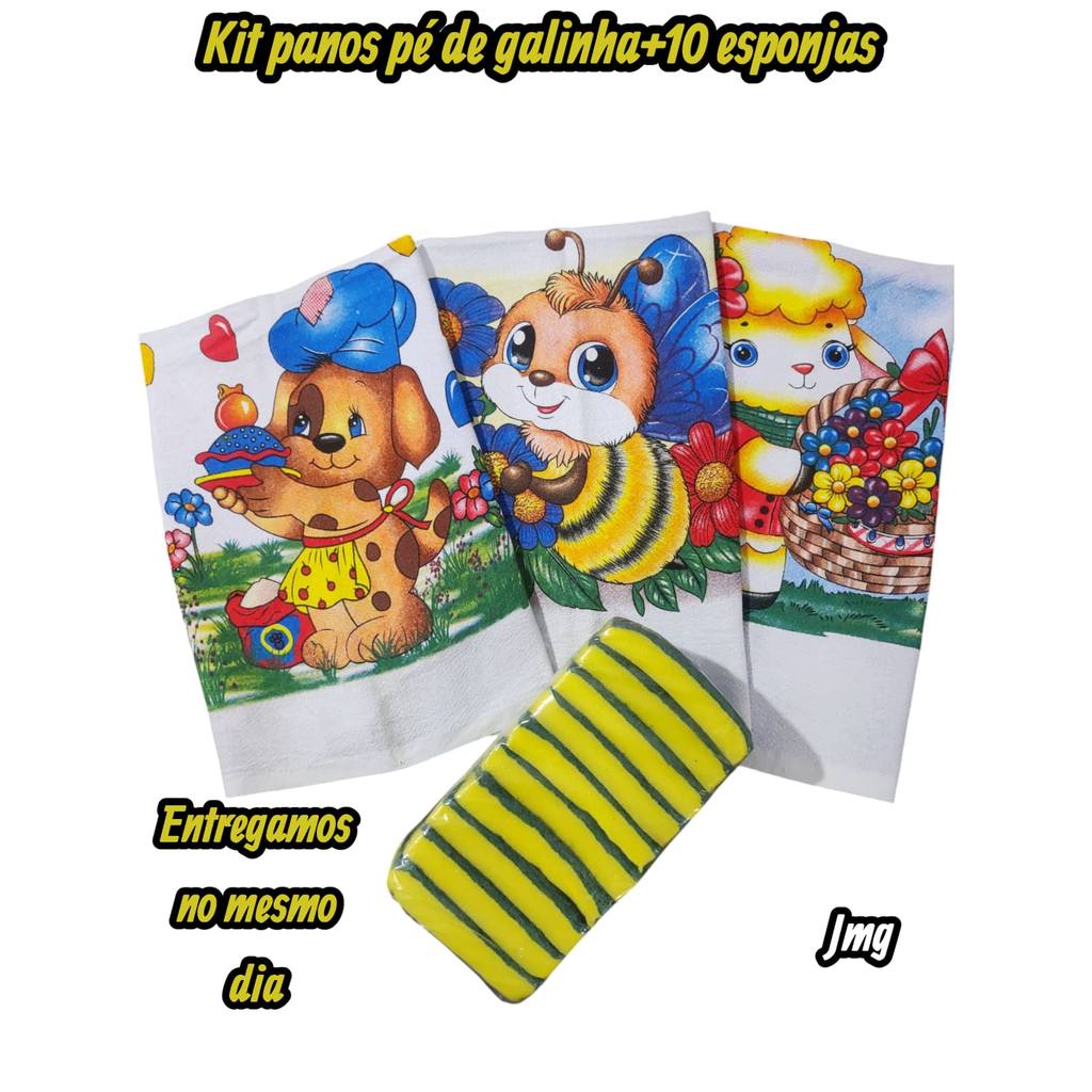 kit Pano de Prato Pé de Galinha100%  algodão  Estampado Premiun Original Itatex 10/05/03 Peças  + 10 Esponjas Lava Louça