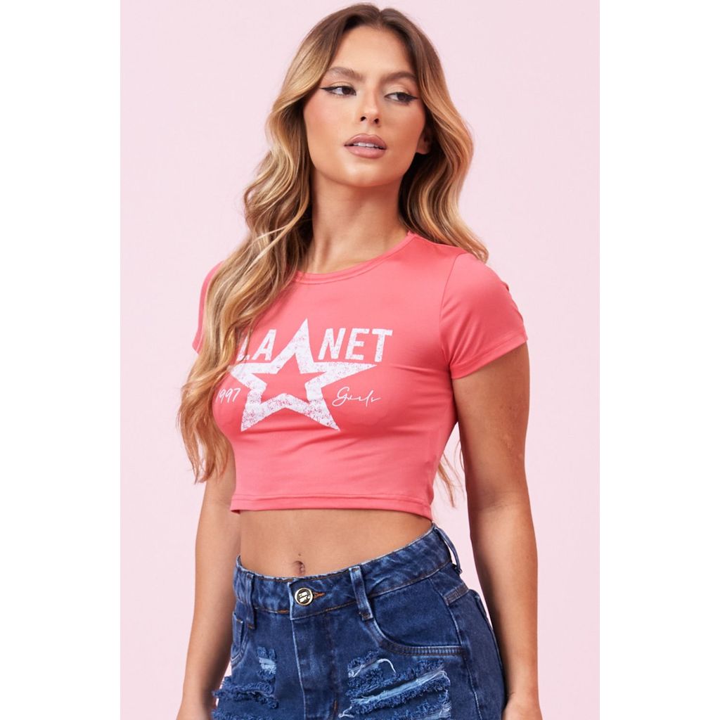 Camiseta Feminina Cropped Basic Planet Girls Rosa em Oferta na Shopee