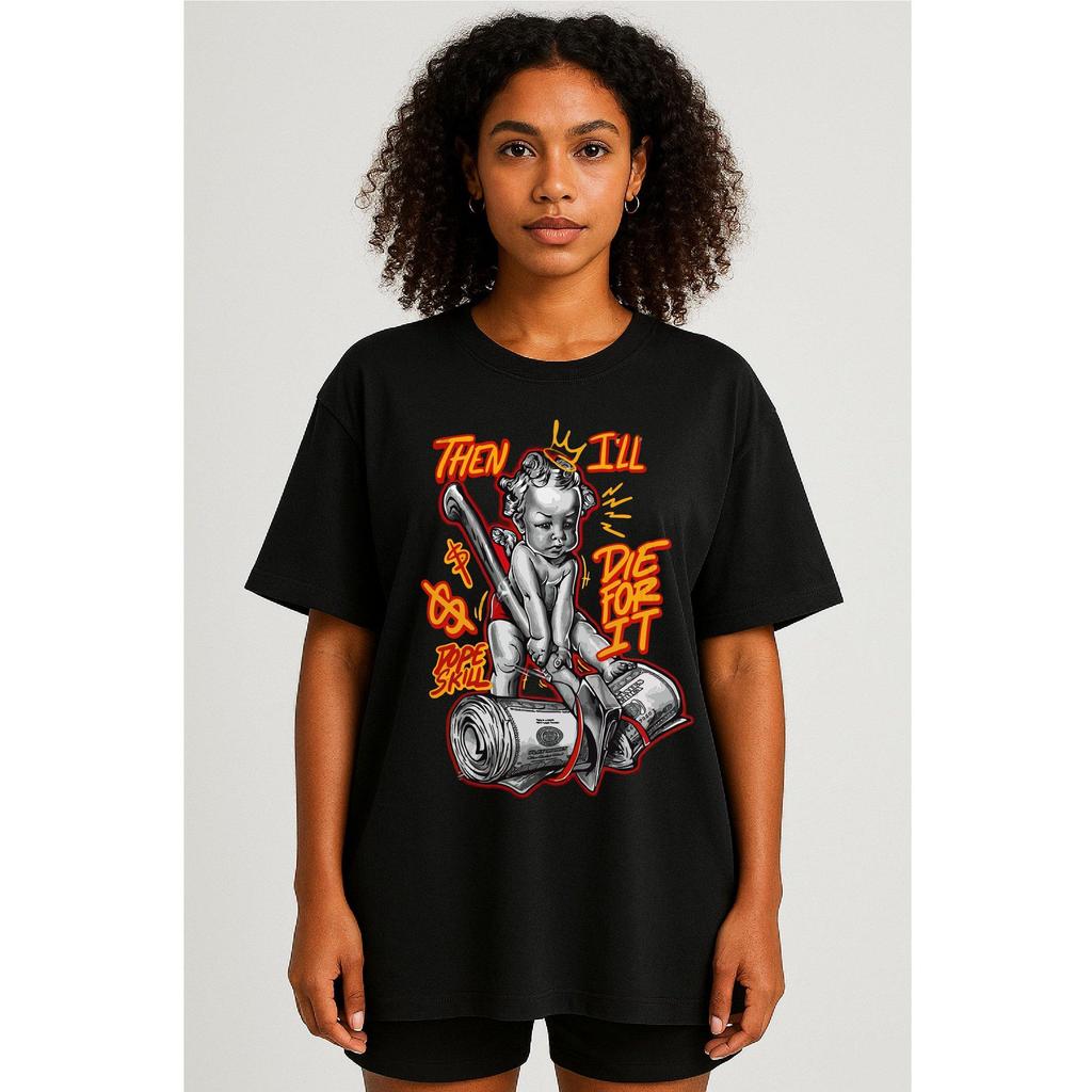 Camiseta Feminina Streetwear Algodão Penteado Infantil Adulto Plus Size Estampa Anjo Machado Dinheiro Dolar Criança