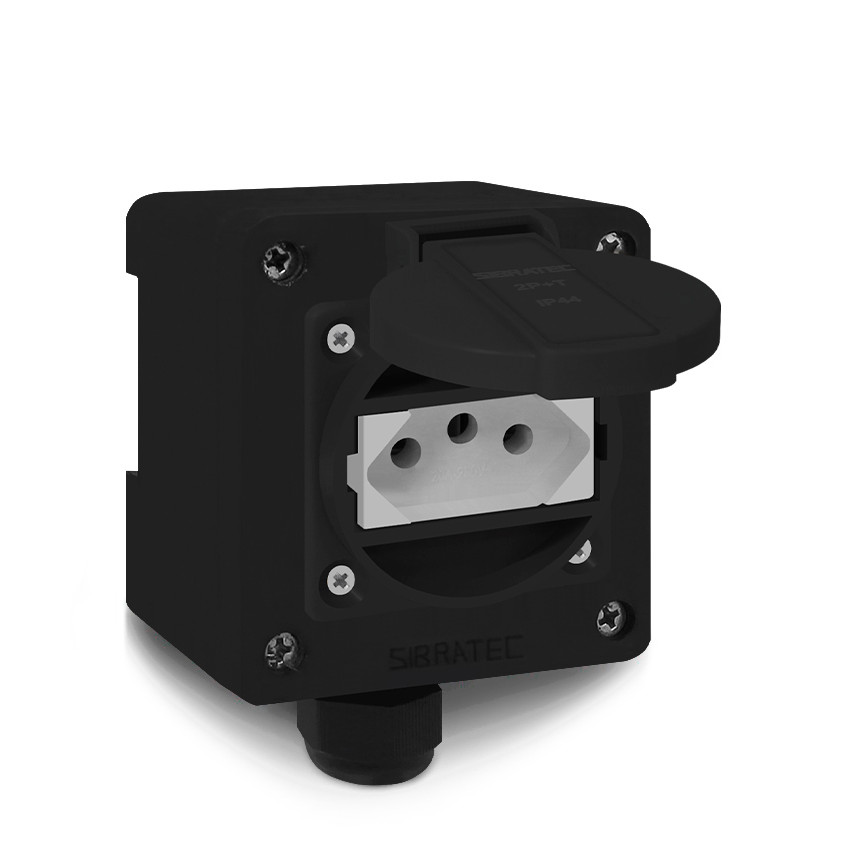 CAIXA BX COM TOMADA IND. DE 2P+T 20A P/ TRILHO DIN OU SOBREPOR - TOMADA PRETA + CX PRETA