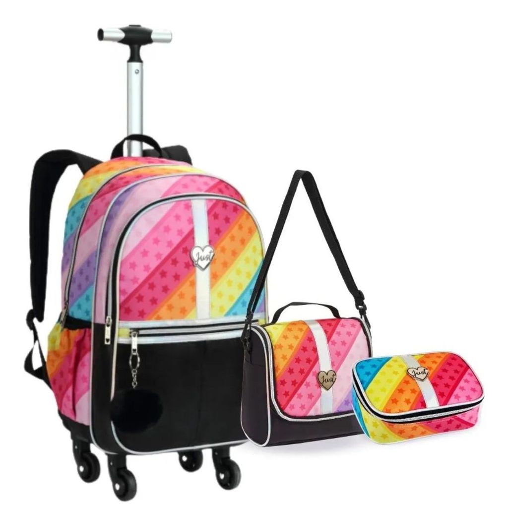 Kit Mochila Rodinhas Escolar Lancheira Térmica Estojo Box Just Love Denlex