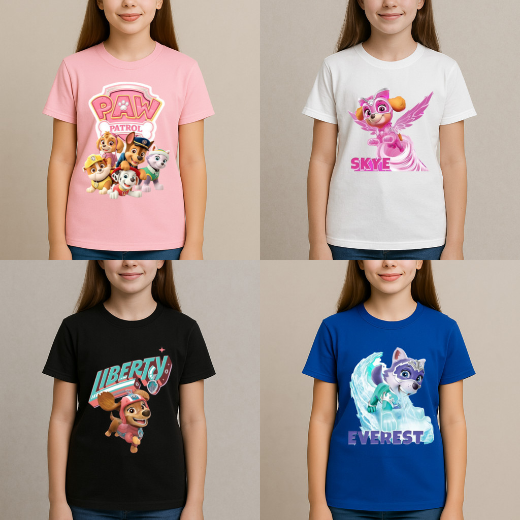 Conjunto com 4 Camisetas Patrulha Canina skye, Liberty e Everest Camiseta Infantil Básica Tamanho 1 Ao 16