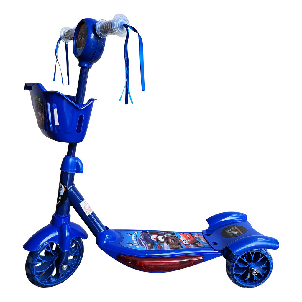 Patinete Infantil 3 Rodas Cars Com Cesto Luz E Música Cor Azul Carros