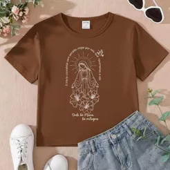 Tshirt Infantil Feminina Religiosa Onde há Maria a Milagres