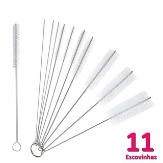 Kit 10 Escovas Limpeza Multiuso + 1 Escova Haste Inox Cerdas Nylon p/ Canudos