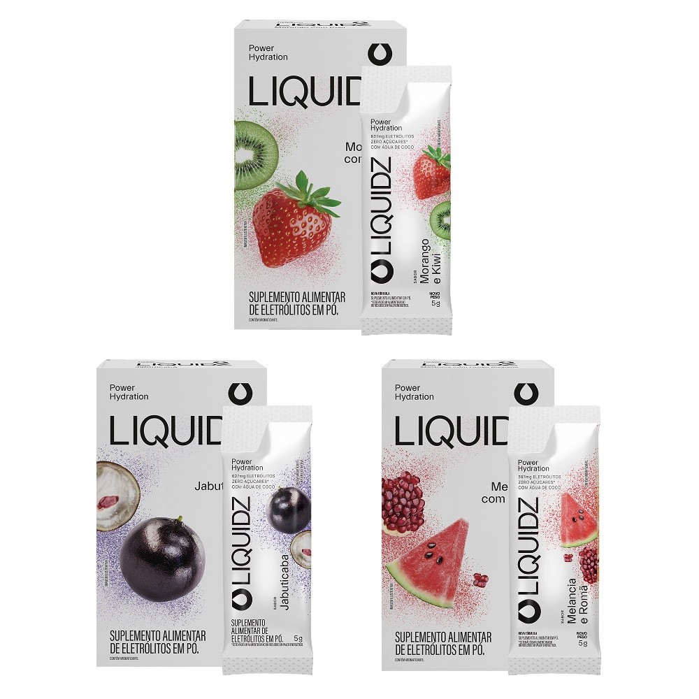 LIQUIDZ® - Eletrólitos Zero Açúcares - 3 Sabores - Kit 3 Caixas 18 sachês