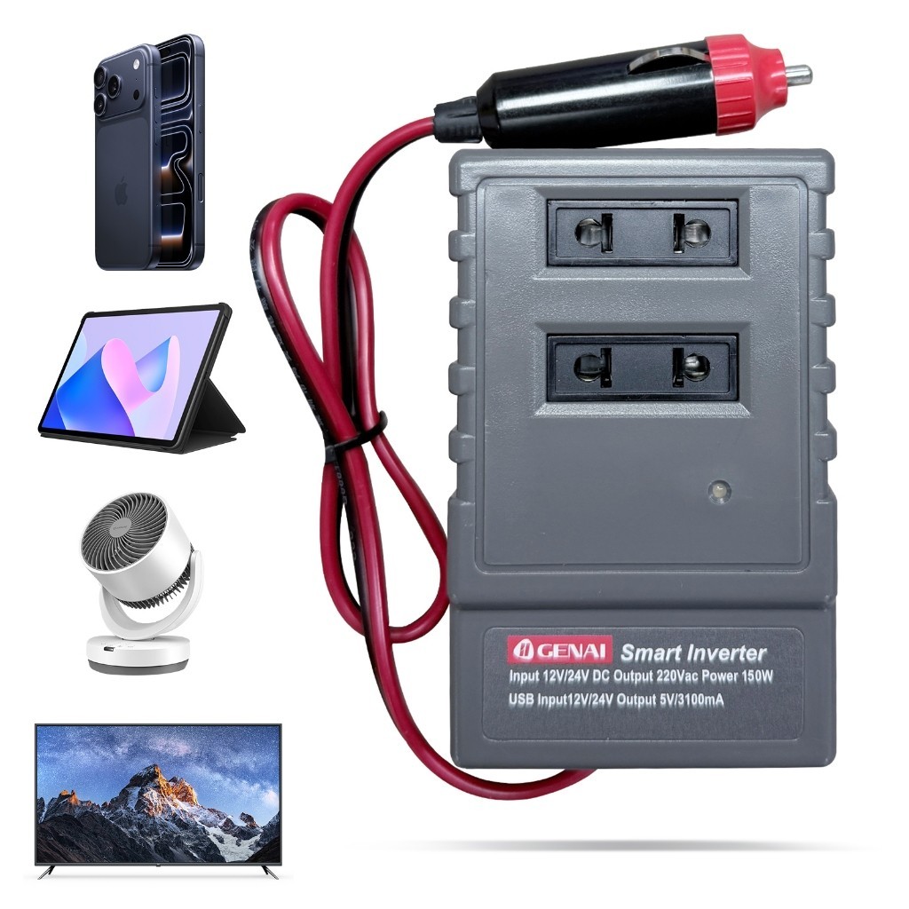 Inversor 150W Onda Modificada 12V p/ Carro GENAI - Converte p/ 220V + 2 USB, Ideal para Viagem em Oferta na Shopee