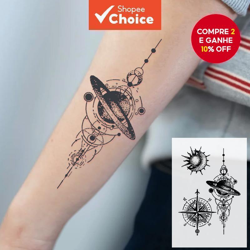 Novo adesivo de tatuagem à prova d'água, com padrão de grama, guia planetário, bússola, sol e lua, não reflexivo, para