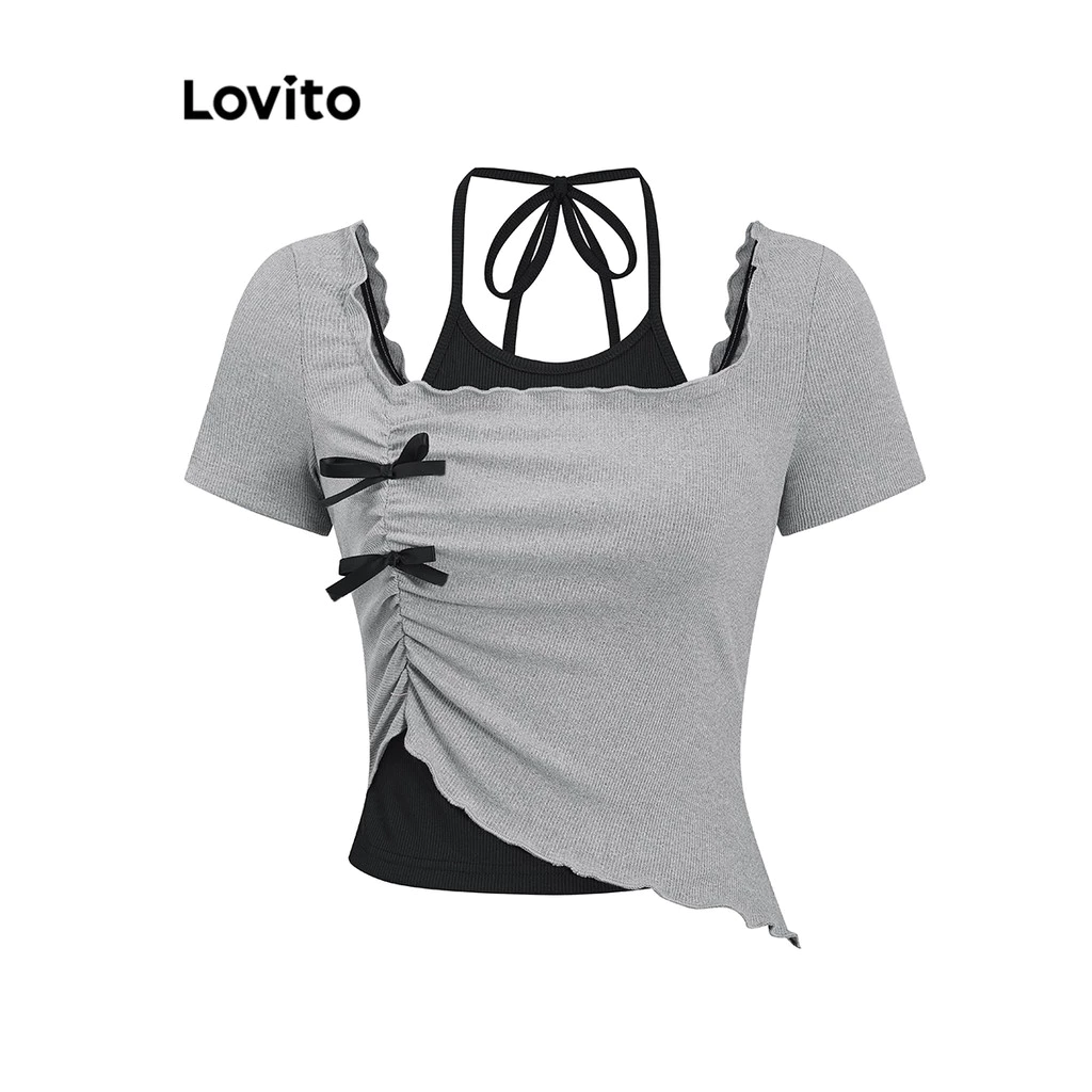 T Shirt Feminina Estilosa Lovito Casual Camiseta Lisa Falsa 2 Em 1 Com Frente E Laço L101AD121 — imagem 1