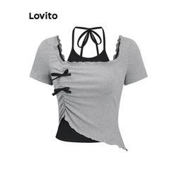 T Shirt Feminina Estilosa Lovito Casual Camiseta Lisa Falsa 2 Em 1 Com Frente E Laço L101AD121