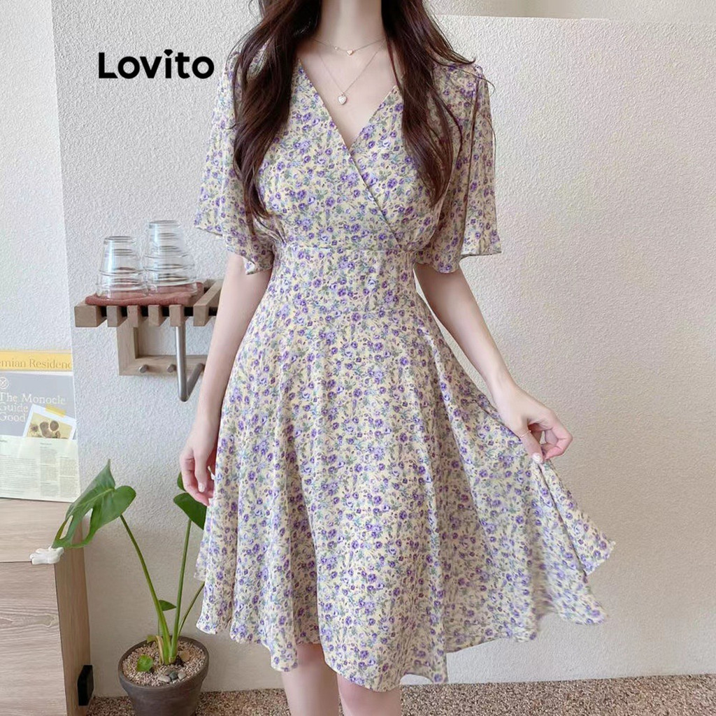 Lovito Vestido Casual Ditsy Floral Com Zíper E Decote Em V Vestido De Manga Curta Para Mulheres LNA06126 (Roxo)
