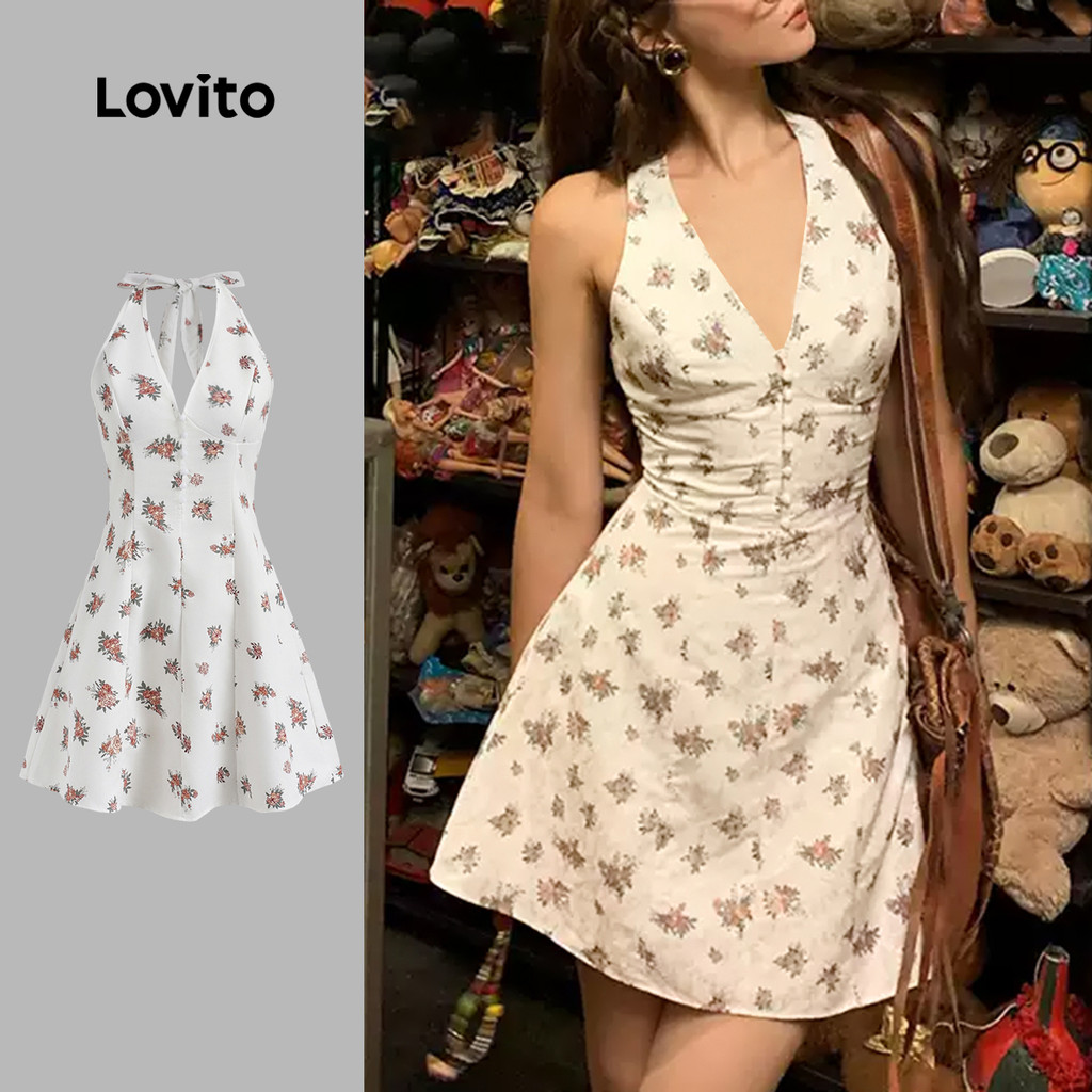 Lovito Vestido Casual Ditsy Floral Drapeado Botão Primavera E Verão Vestido Para Mulheres L125AD474 em Oferta na Shopee