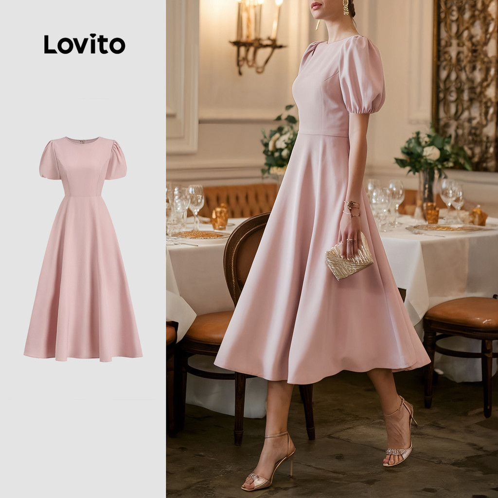 Lovito Vestido Elegante Liso Básico Rosa Para Mulheres LBL25194 em Oferta na Shopee