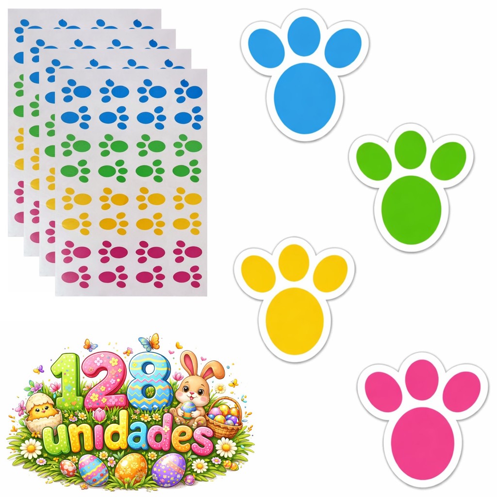 Kit 64-128 Adesivos Patinhas Pegadas Coelho Páscoa Coloridas Caça aos Ovos Criança Brincadeira