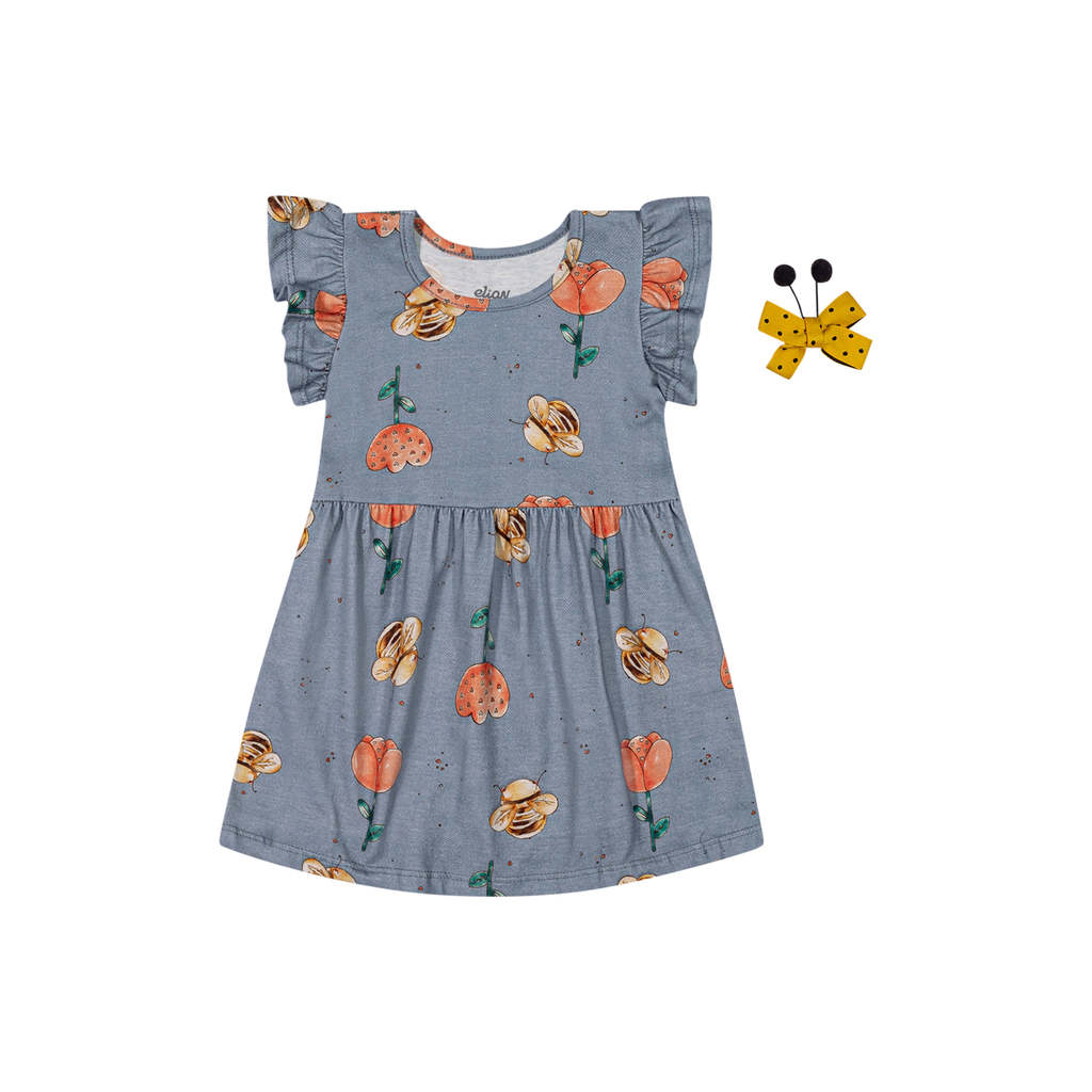 Vestido Bebê Menina Abelhinha Com Presilha Laço Elian Azul