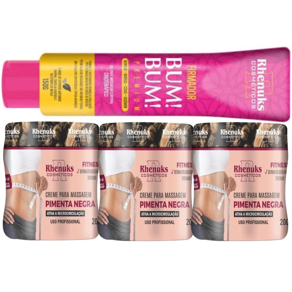 Kit Gel Firmador De Bumbum/ Barriga/ Coxas 150g + 3und Gel Redutor De Medidas Pimenta Negra 200g