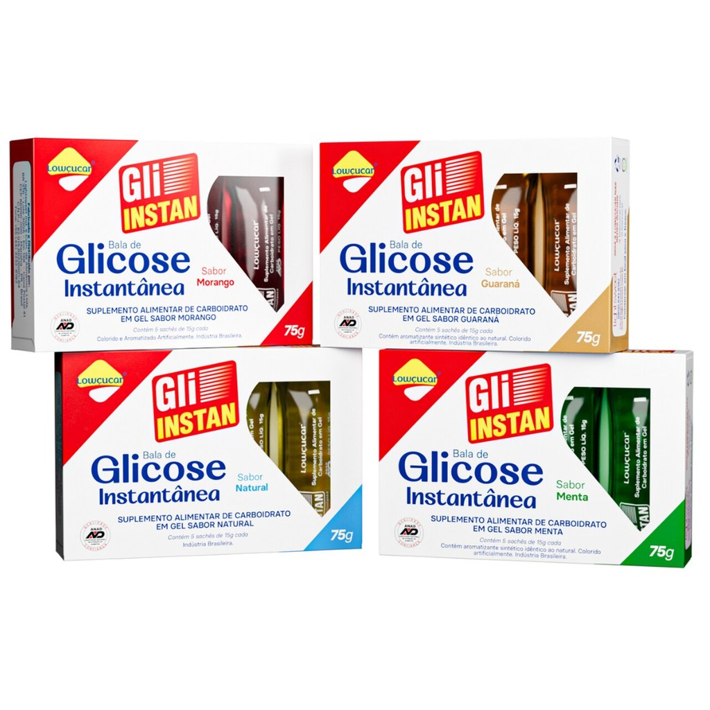 Kit com 4 Unidades de Bala de Glicose Gli-Instan Lowçucar Sabores Variados, Pronto Sem glúten, 5X15g