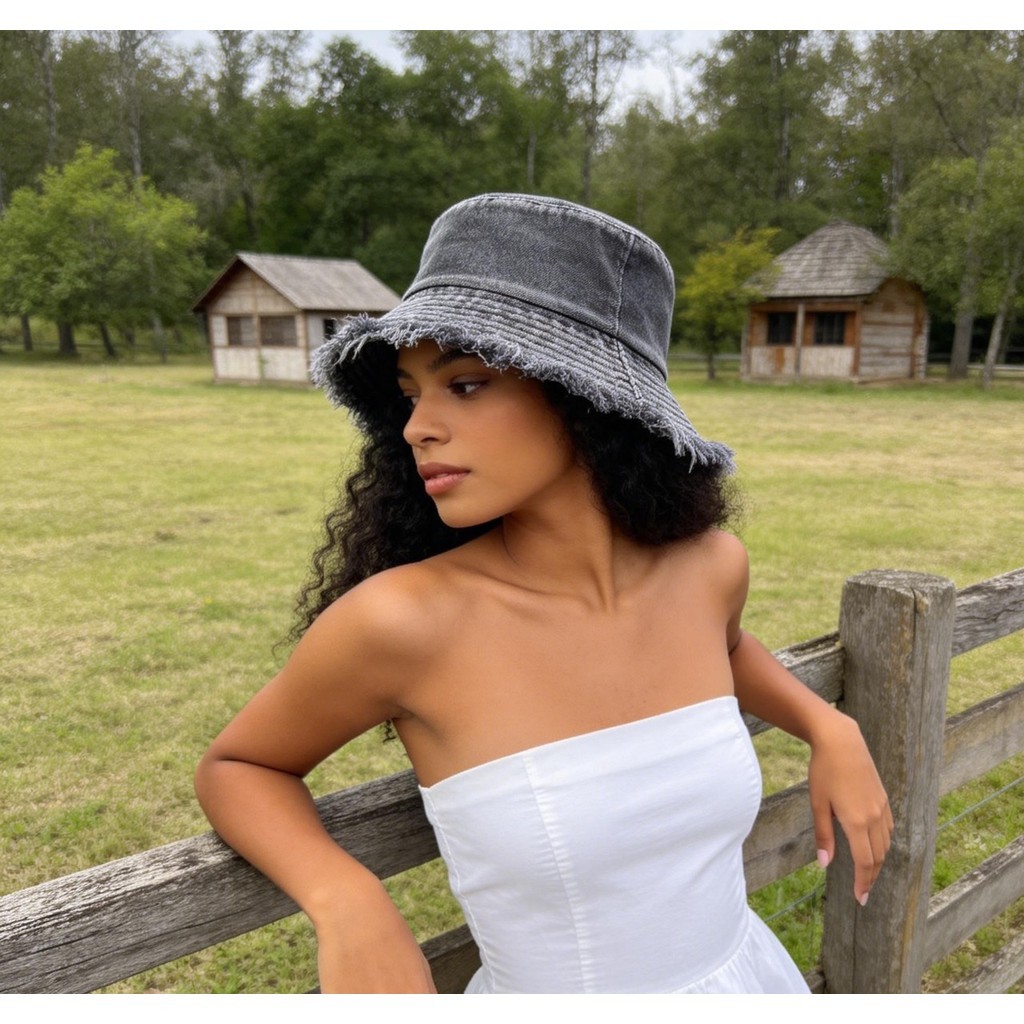 Chapéu Bucket Jeans Unissex Desfiado Estiloso Com Aba Desfiada Conforto e Estilo em Oferta na Shopee