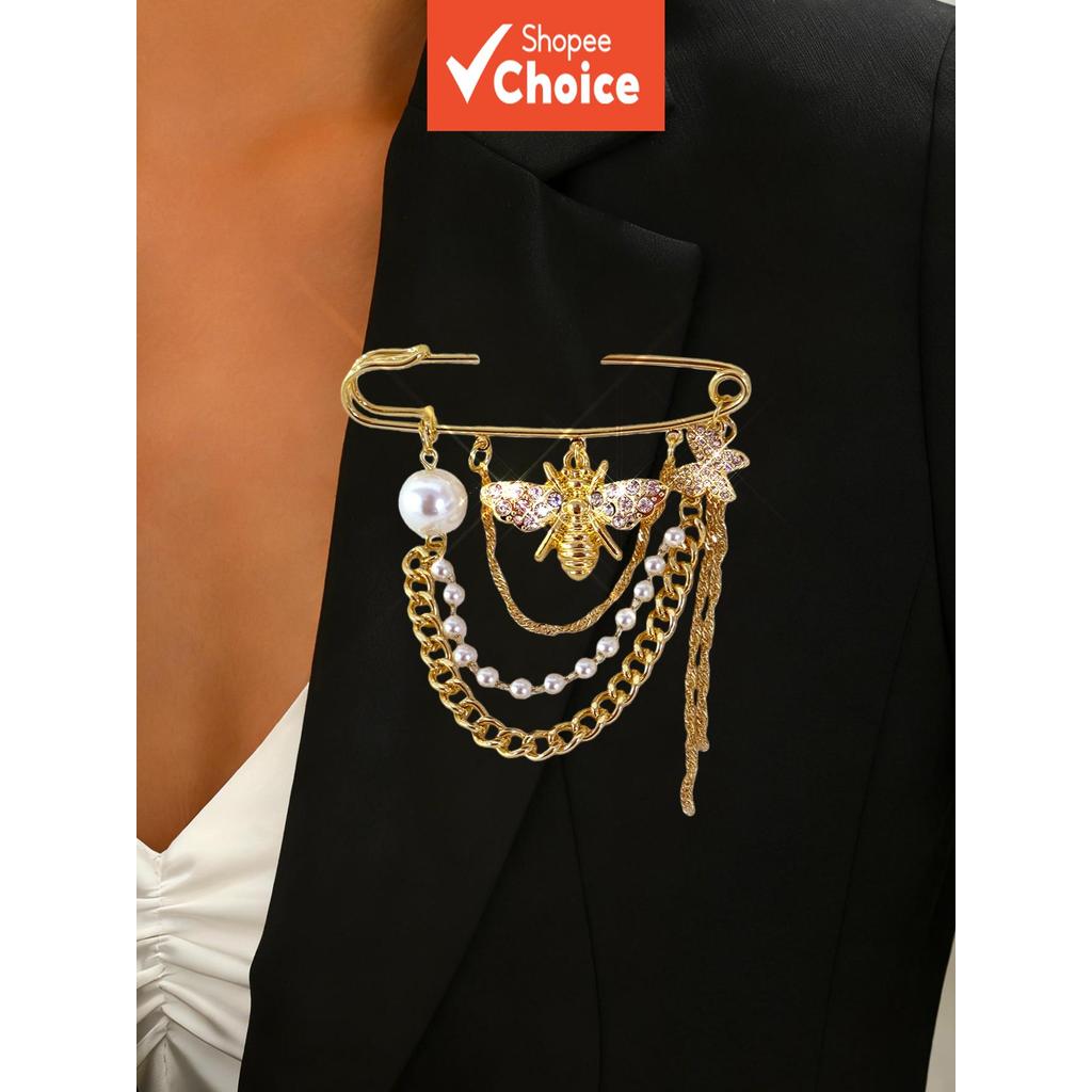 Abelha Borboleta Broche Ouro Strass Em Camadas Corrente Pérola Borla Vintage Moda Feminina Pino