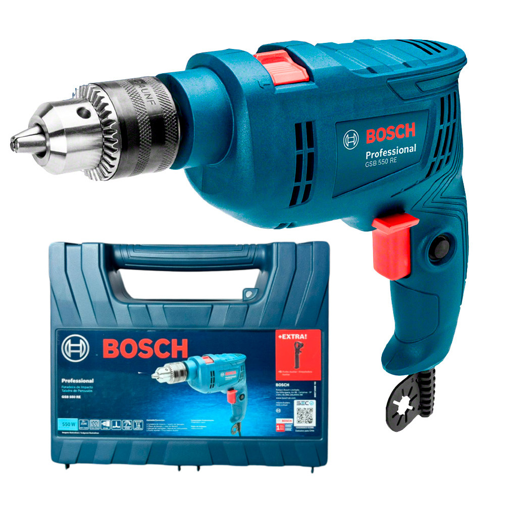Furadeira de Impacto Profissional 550W Mandril 13mm Reverso GSB 550 Bosch com Maleta