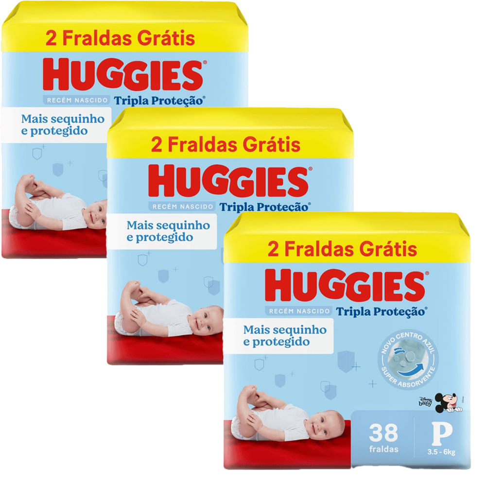 Kit 3 Fraldas Huggies Tripla Proteção Meguinha P - 114 Tiras em Oferta na Shopee