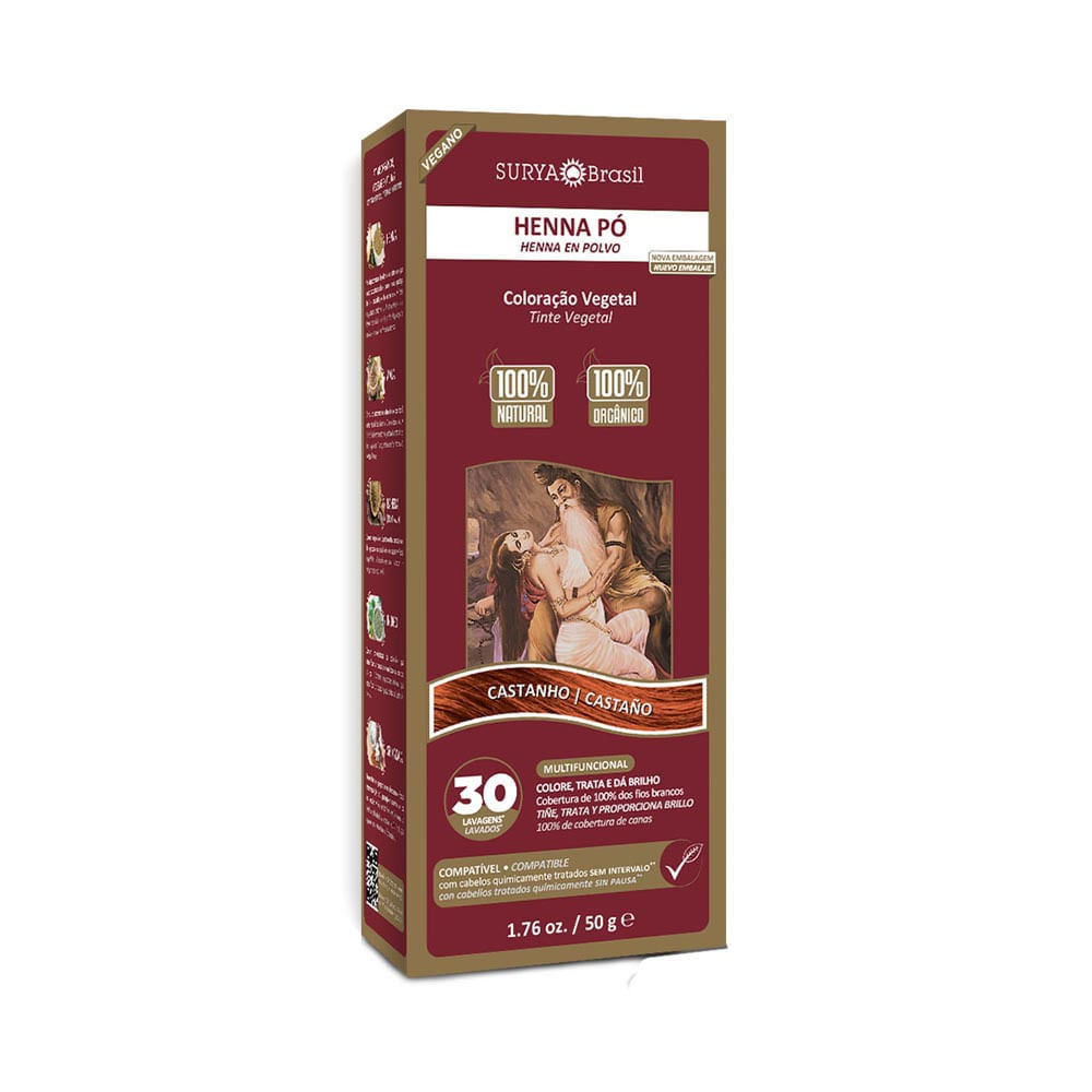 Henna Surya Pó 100% Natural Cor Castanho 50g