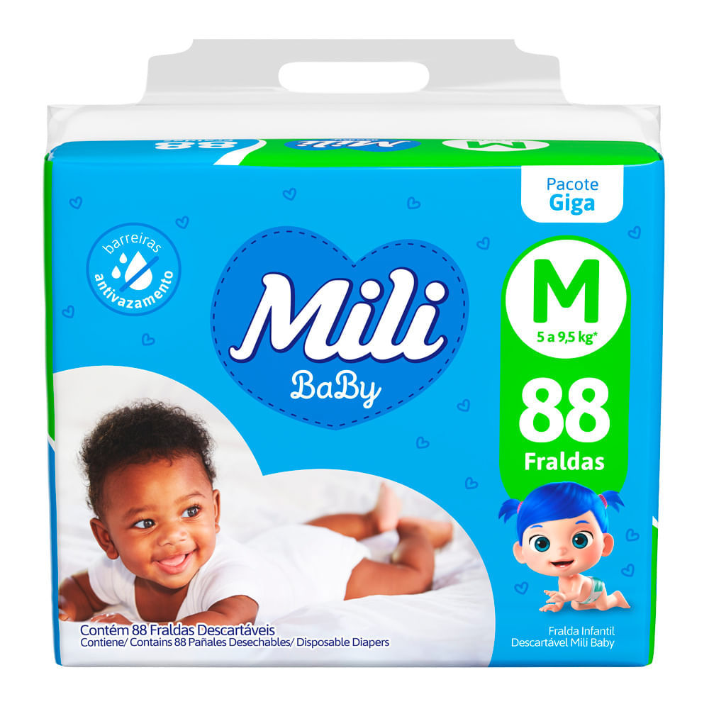 Fralda Mili Baby Tamanho M Pacote Giga 88 Unidades Descartáveis em Oferta na Shopee